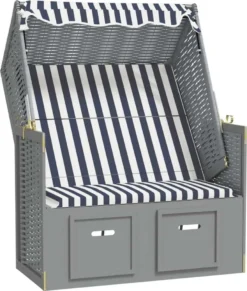 VidaXL Strandkorb Mit Dach Poly Rattan Und Massivholz Blau & Weiß